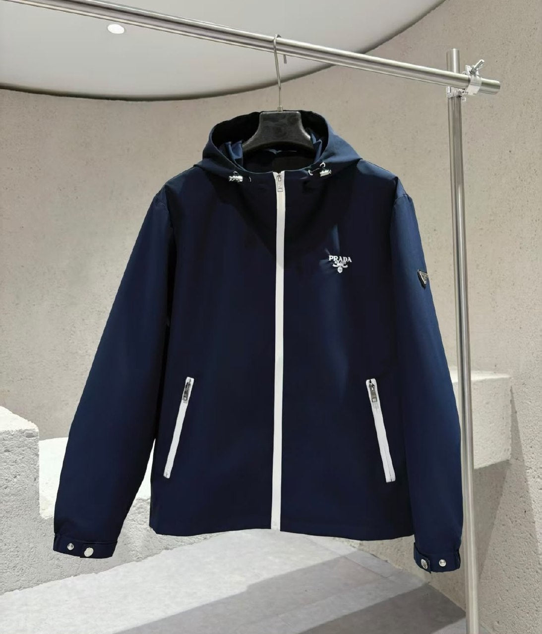 Prada Contrast-Zip Hooded Jacket - Black, Navy