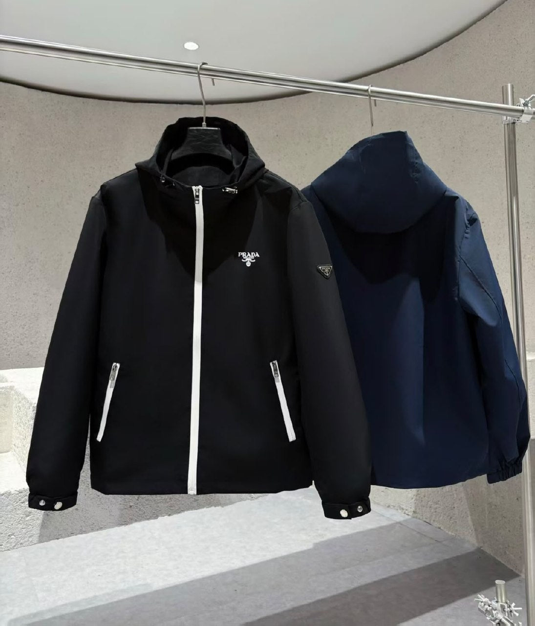 Prada Contrast-Zip Hooded Jacket - Black, Navy