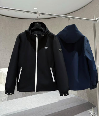 Prada Contrast-Zip Hooded Jacket - Black, Navy