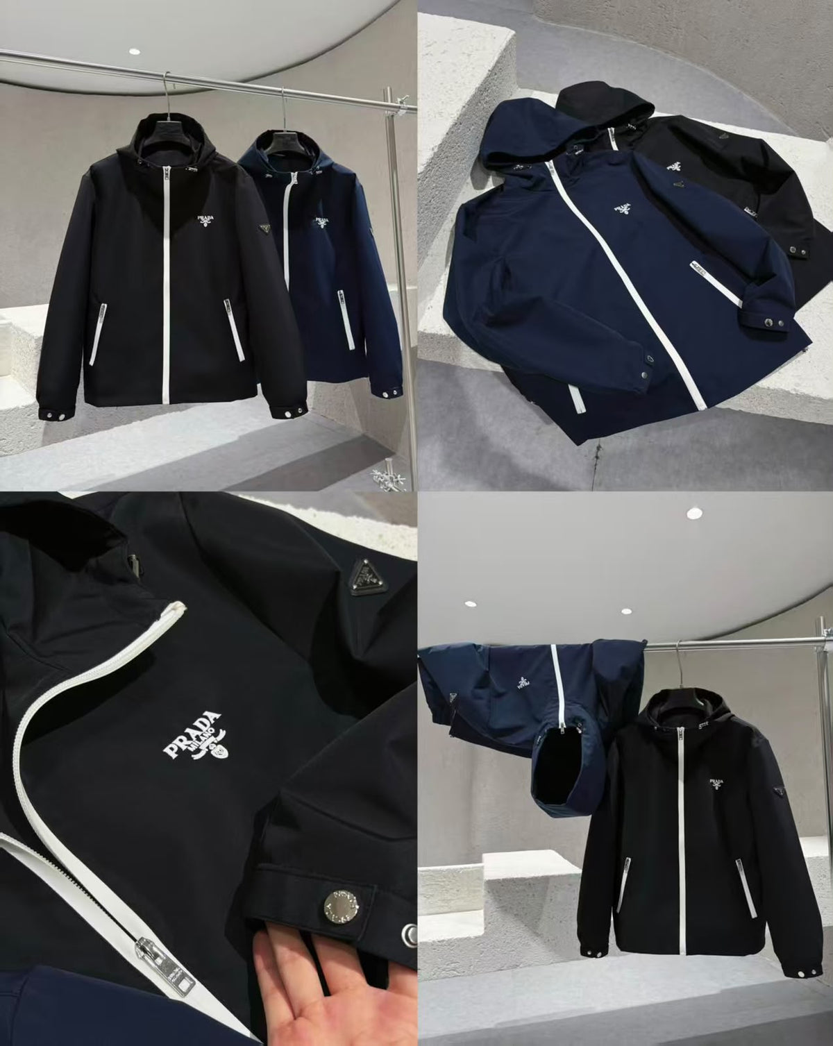 Prada Contrast-Zip Hooded Jacket - Black, Navy