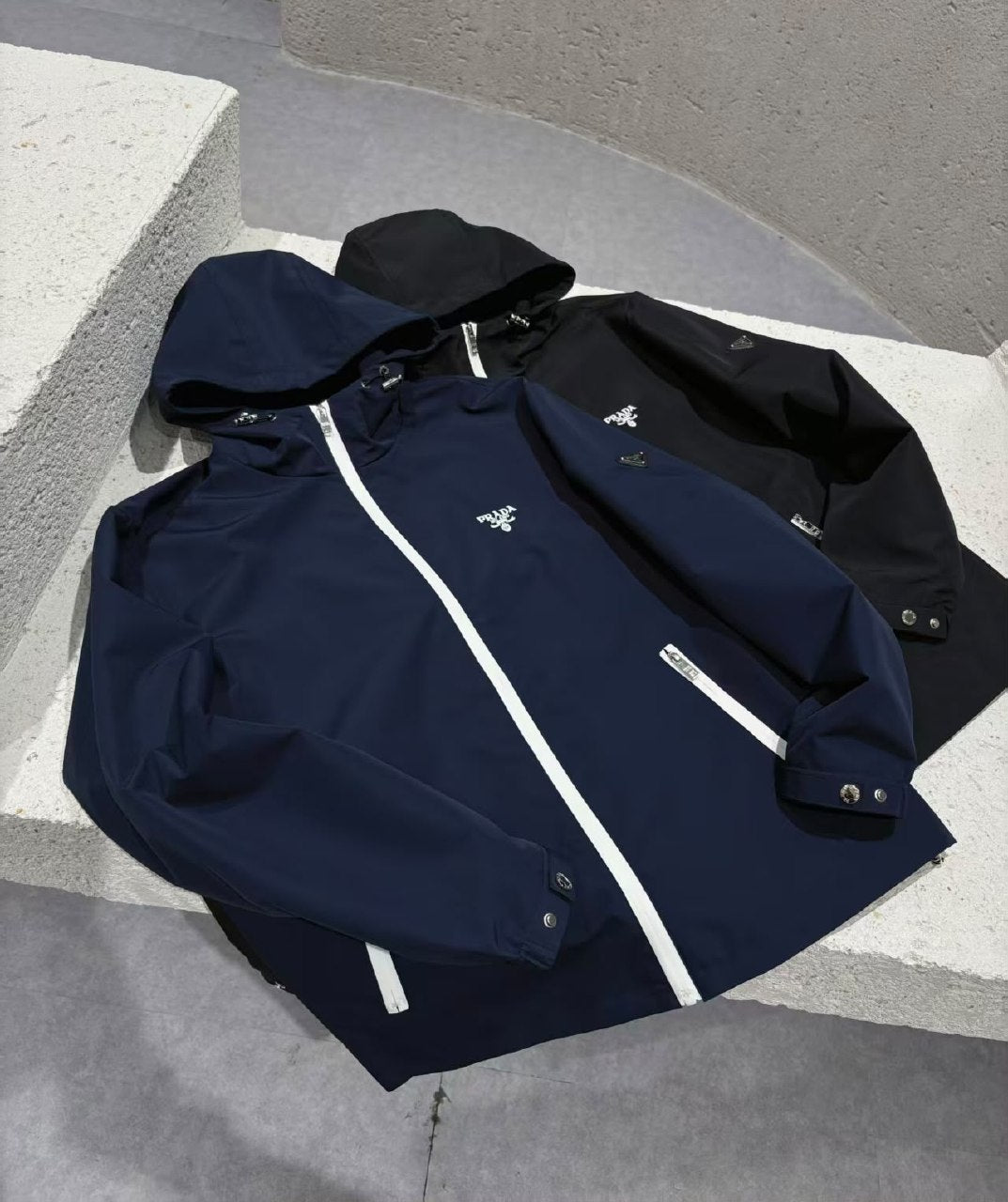 Prada Contrast-Zip Hooded Jacket - Black, Navy