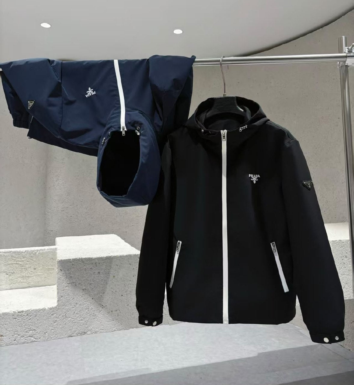 Prada Contrast-Zip Hooded Jacket - Black, Navy