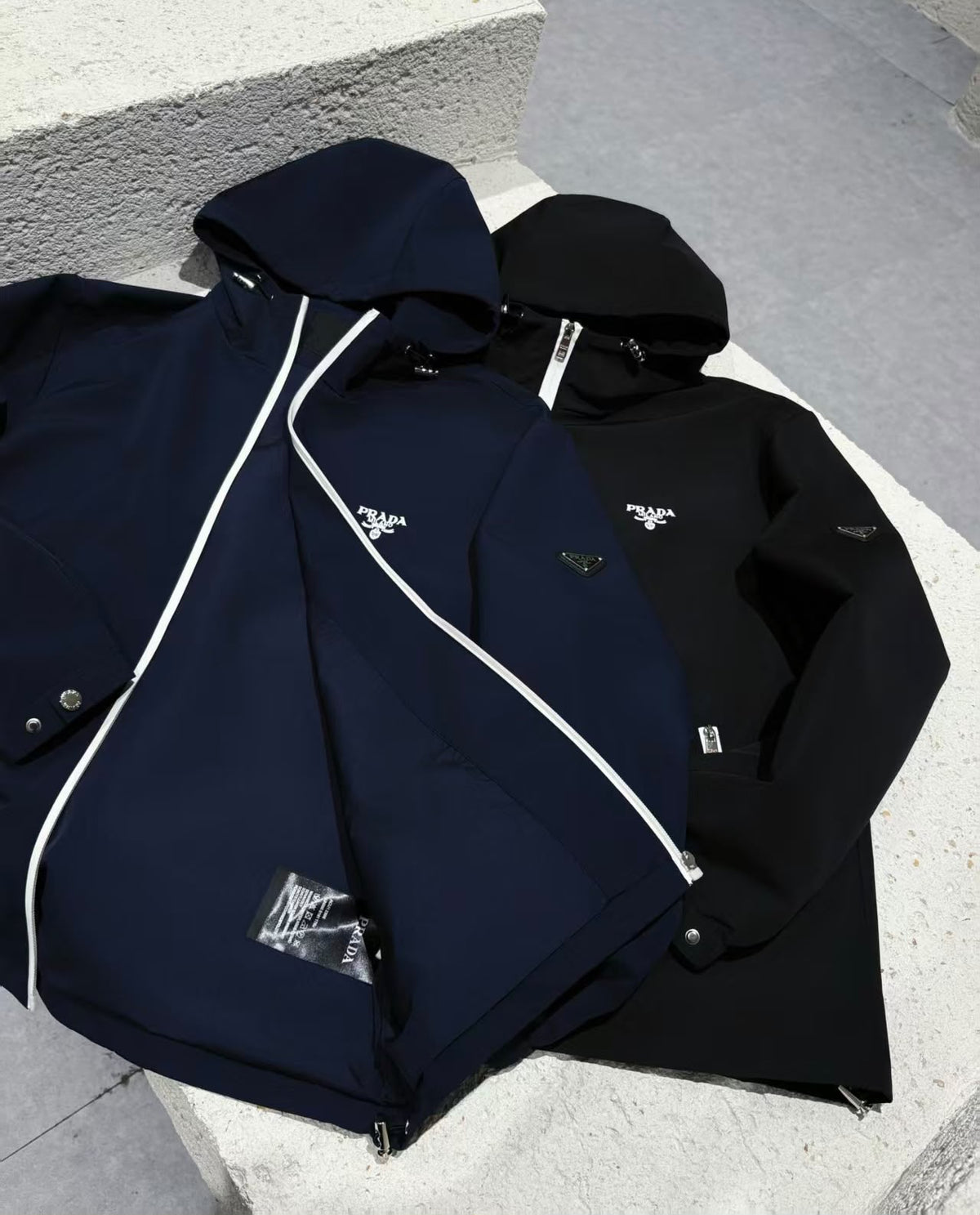 Prada Contrast-Zip Hooded Jacket - Black, Navy