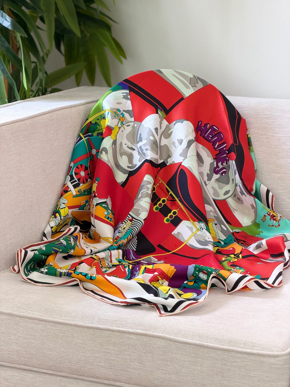 Hermès Silk Scarf Multicolor Equestrian Print - Red