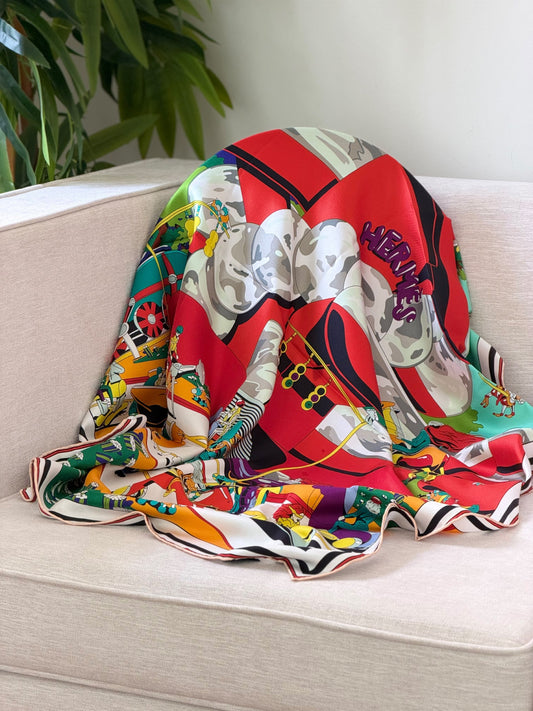 Hermès Silk Scarf Multicolor Equestrian Print - Red
