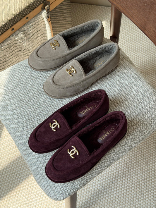 Chanel Interlocking-Logo Loafers - Grey, Burgundy
