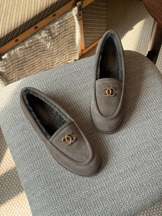 Chanel Interlocking-Logo Loafers - Grey, Burgundy