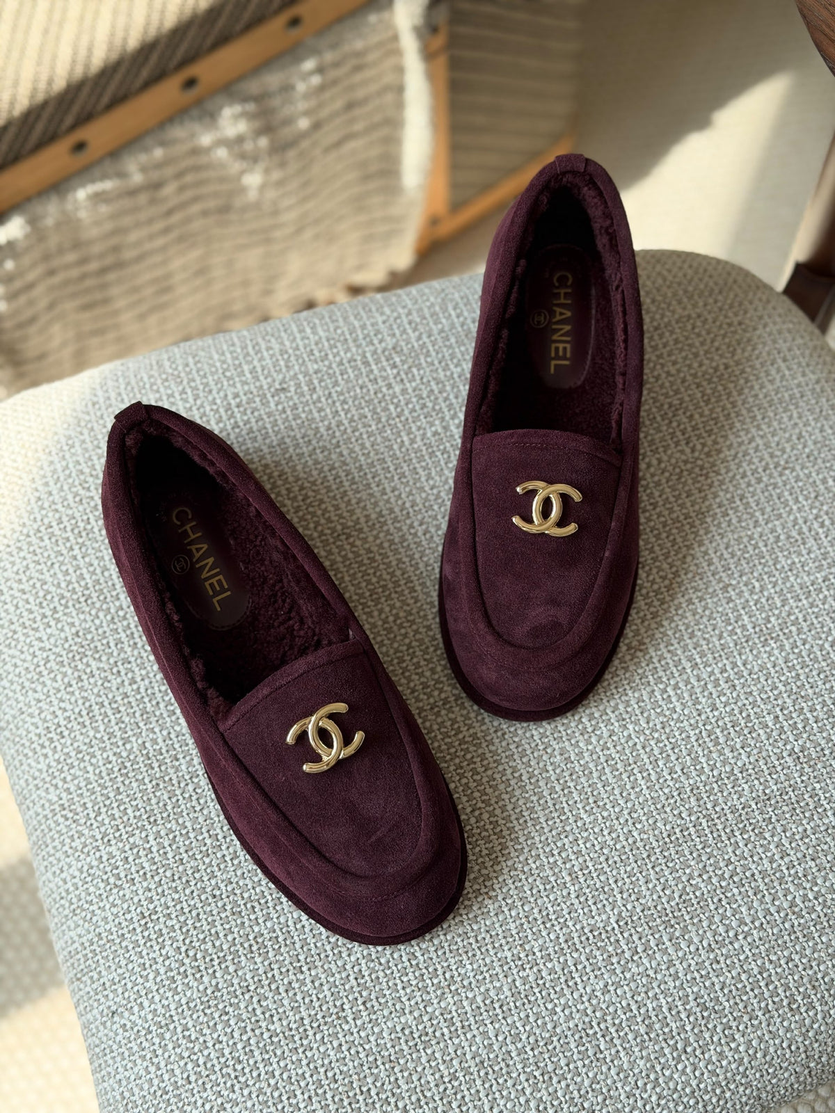 Chanel Interlocking-Logo Loafers - Grey, Burgundy
