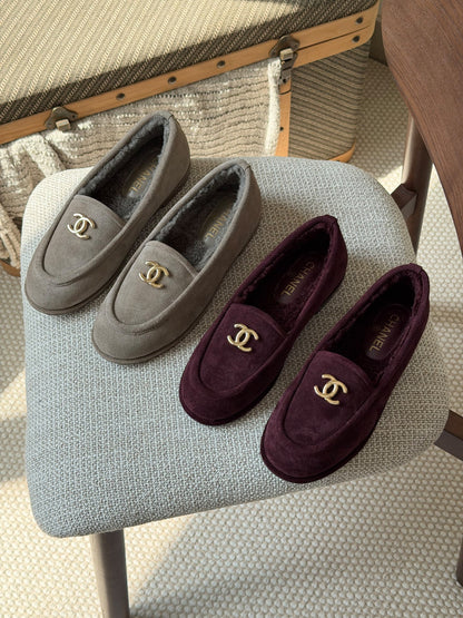 Chanel Interlocking-Logo Loafers - Grey, Burgundy
