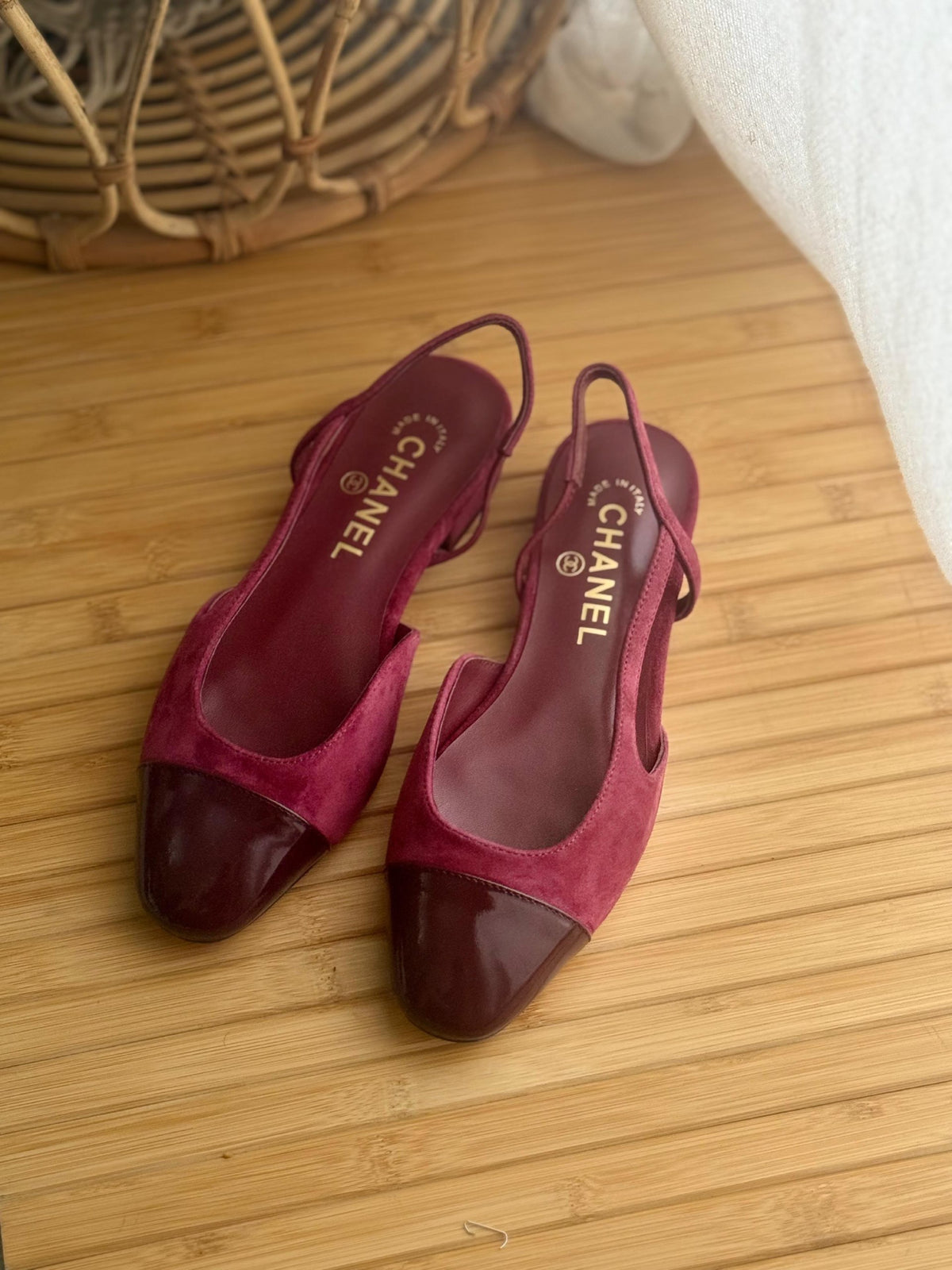 Chanel Low Block Slingback Heels - Burgundy & Brown