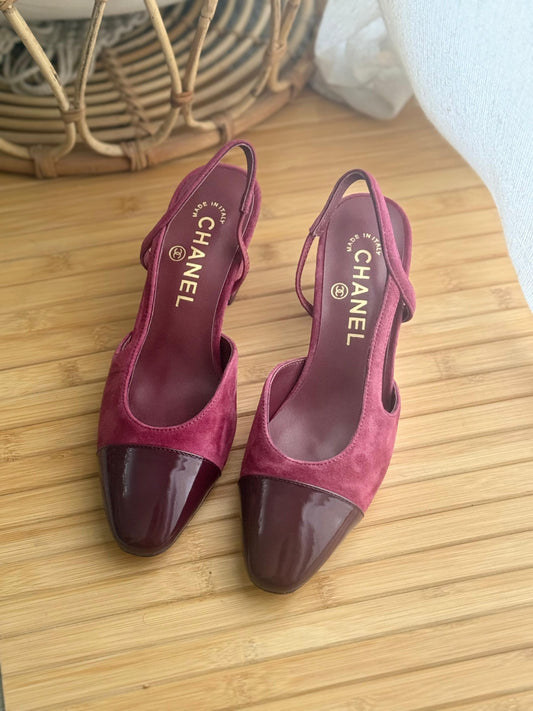 Chanel Low Block Slingback Heels - Burgundy & Brown