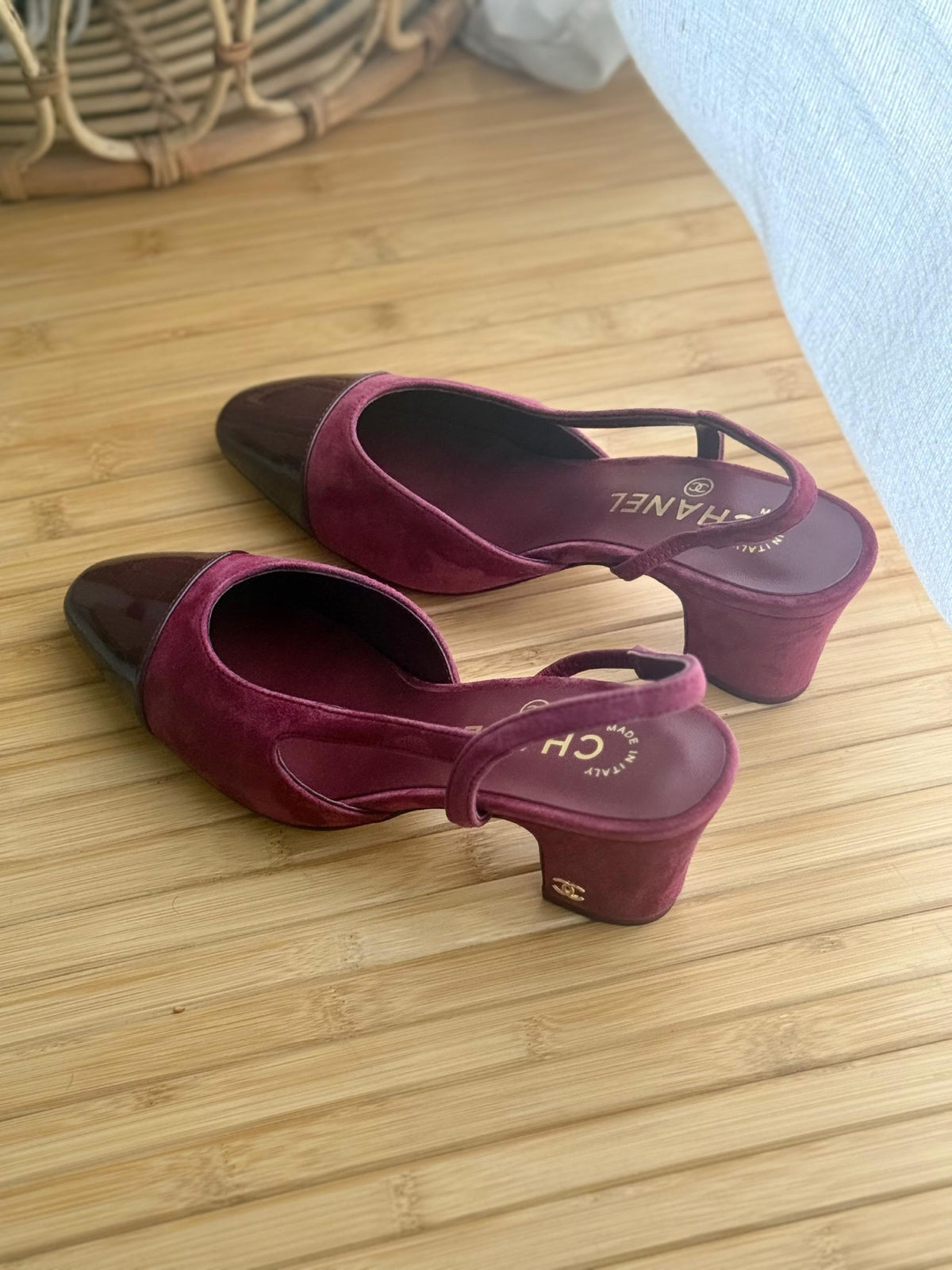 Chanel Low Block Slingback Heels - Burgundy & Brown