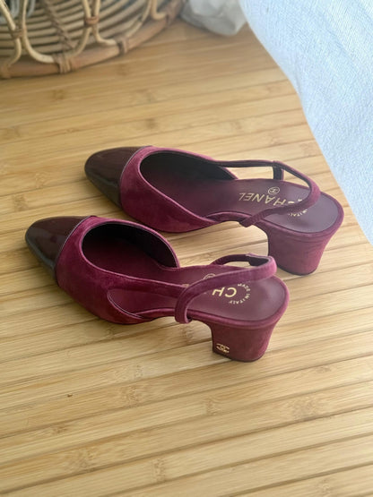 Chanel Low Block Slingback Heels - Burgundy & Brown