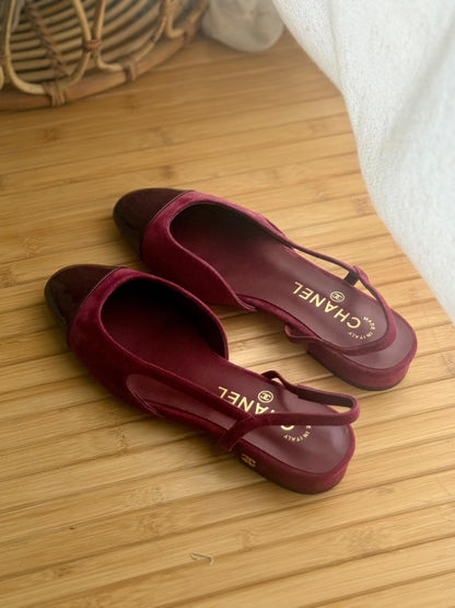 Chanel Low Block Slingback Heels - Burgundy & Brown