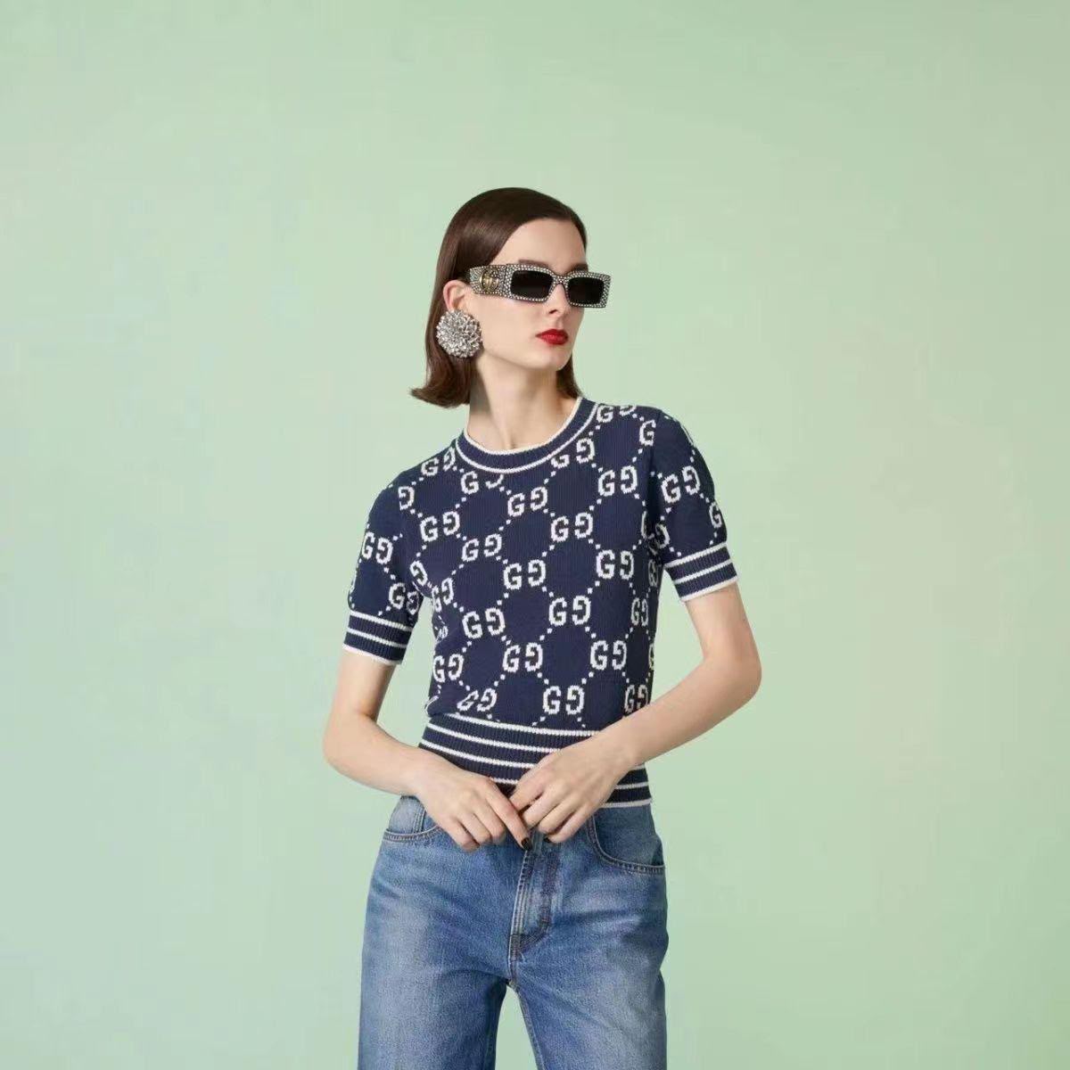 Gucci Lattice-Motif Knitted T-Shirt - Navy