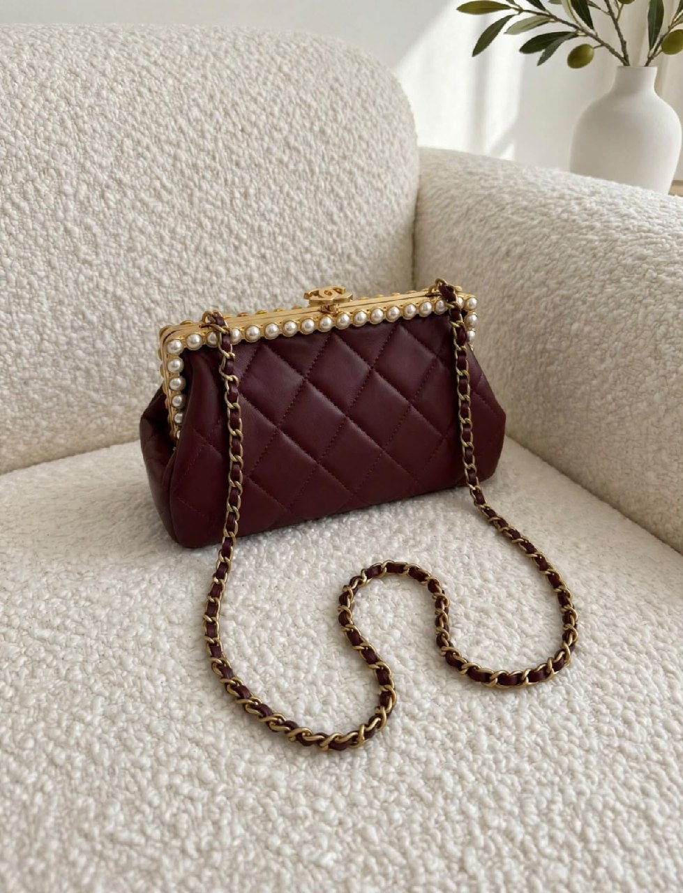 Chanel Pearl-Frame Shoulder Bag - Burgundy, Brown, Gold, Black