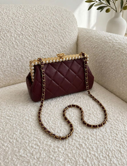 Chanel Pearl-Frame Shoulder Bag - Burgundy, Brown, Gold, Black