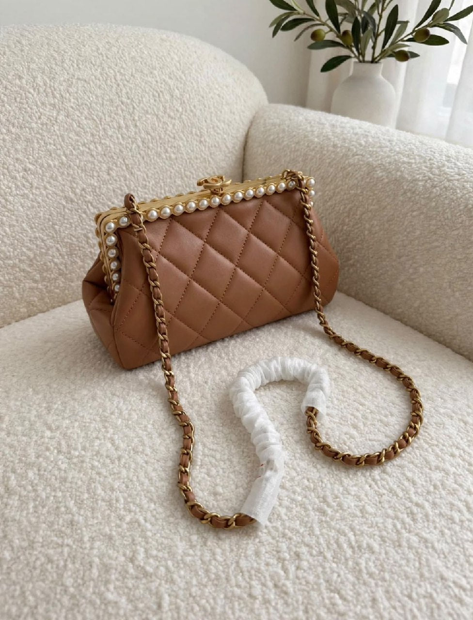 Chanel Pearl-Frame Shoulder Bag - Burgundy, Brown, Gold, Black