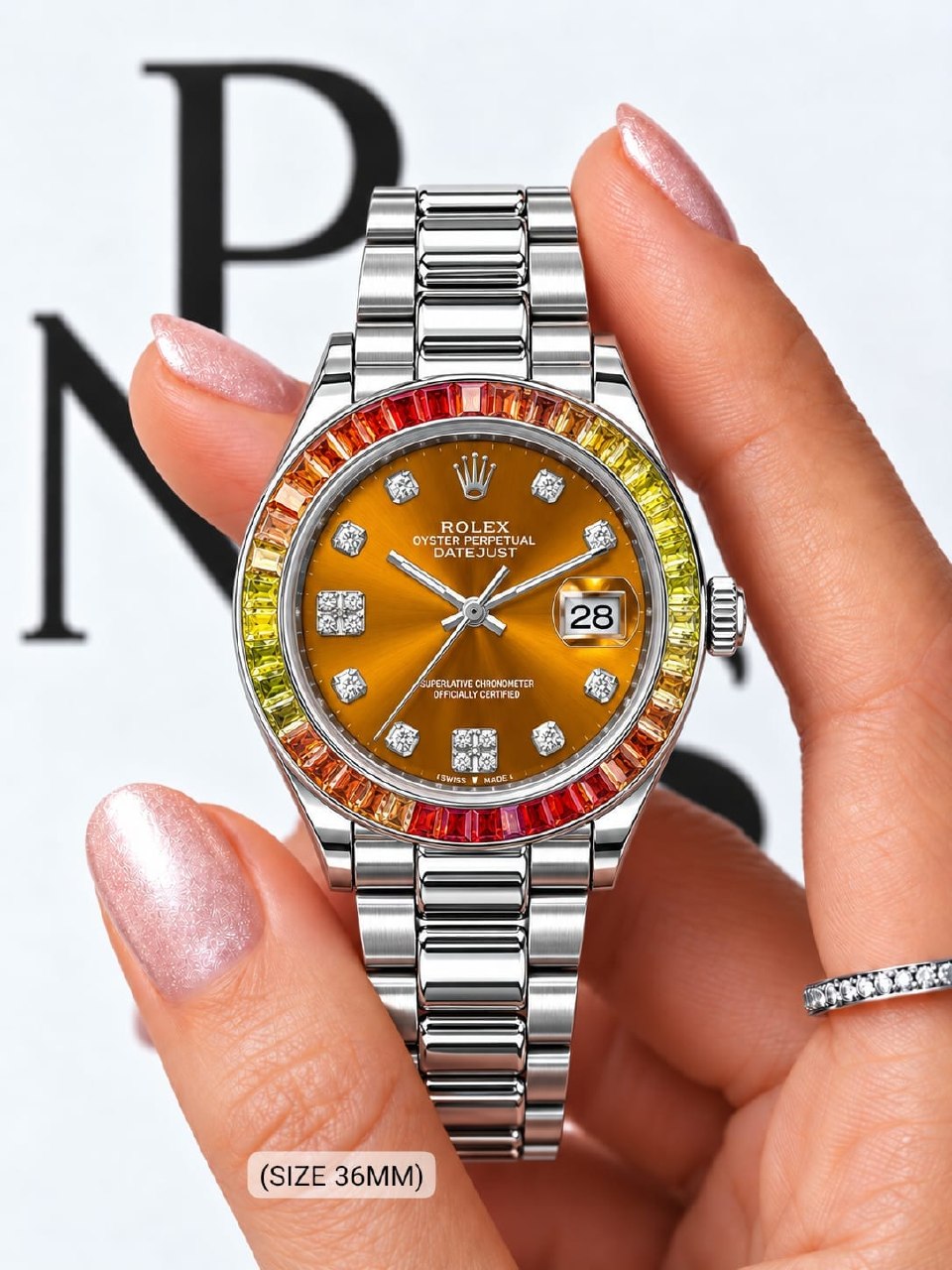 Rolex Watch Orange Dial Rainbow Bezel - 