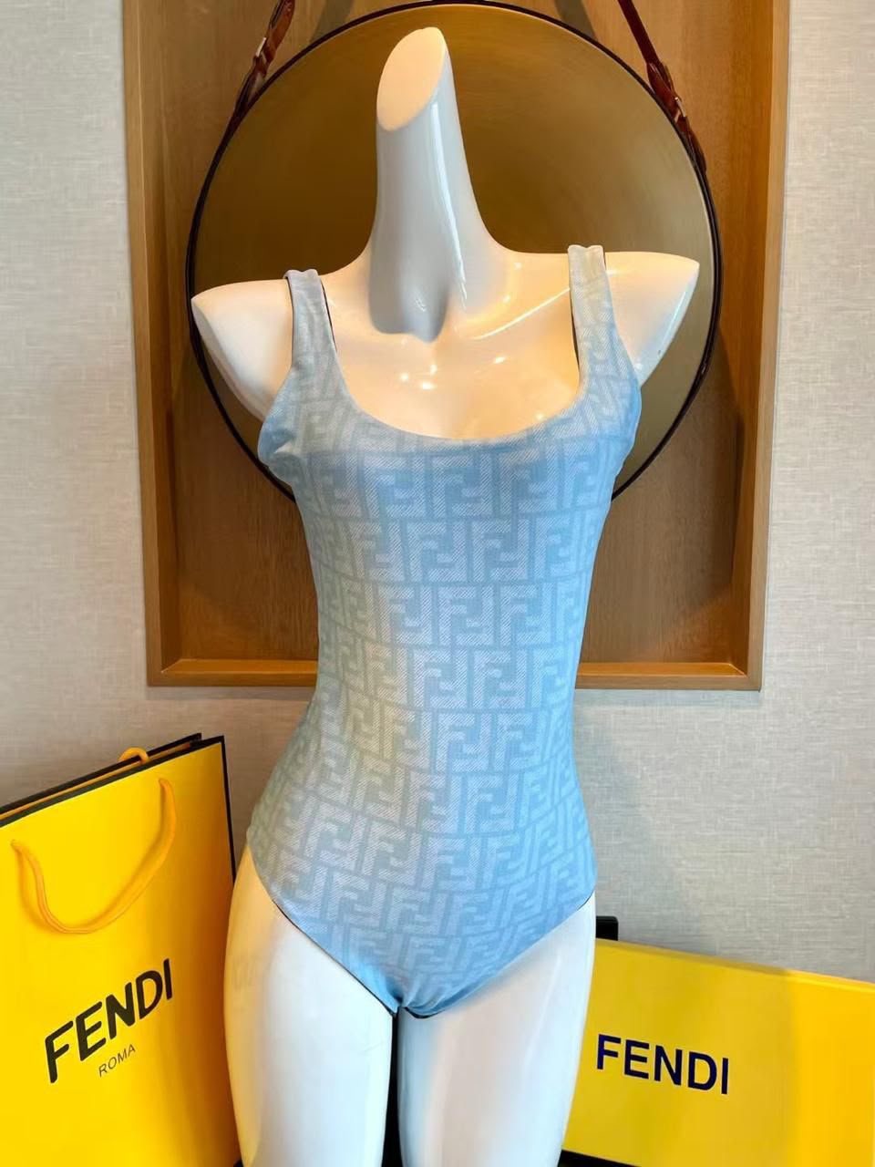 Fendi Square-Neck One-Piece Swimsuit - Light Blue Monogram
