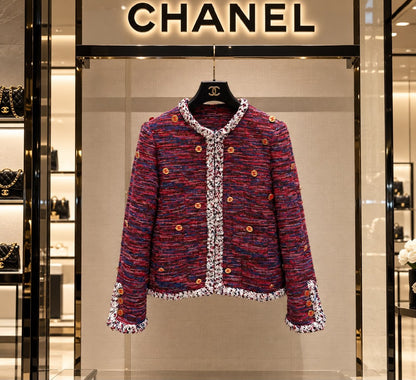 Chanel Braided-Trim Tweed Jacket - Burgundy