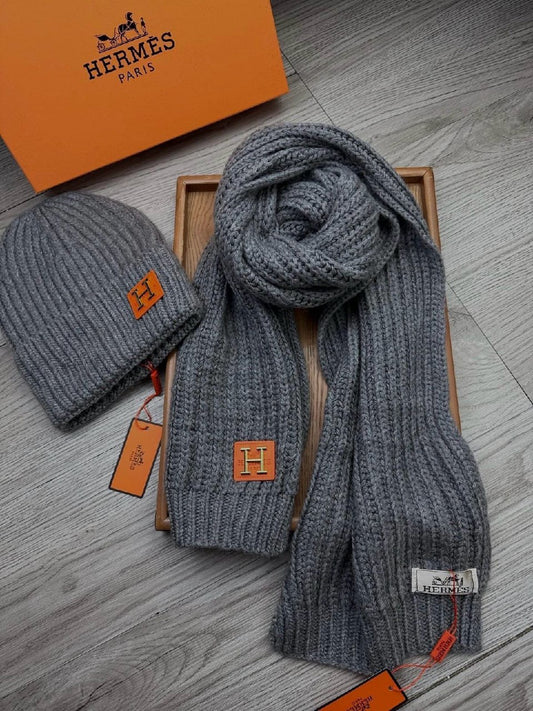 Hermes Scarf & Beanie Cable Knit - Grey