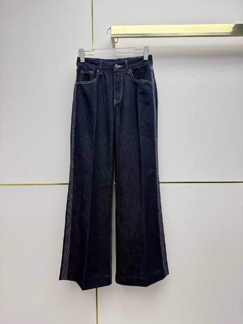 Celine Pleated Wide-Leg Jeans Pants - Navy