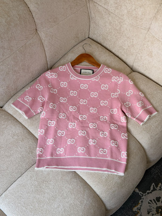 Gucci Diamond-Pattern Knitted T-Shirt - Pink