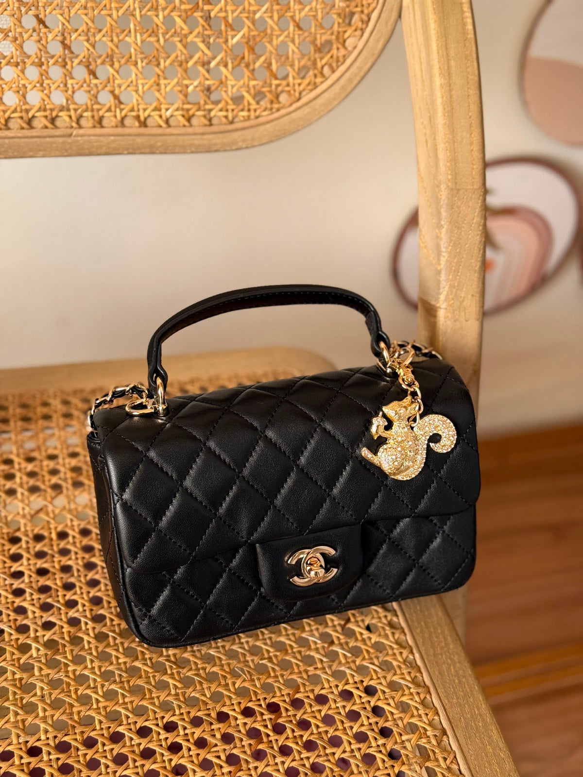 Chanel Quilted Rhinestone Charm Handbag - Black