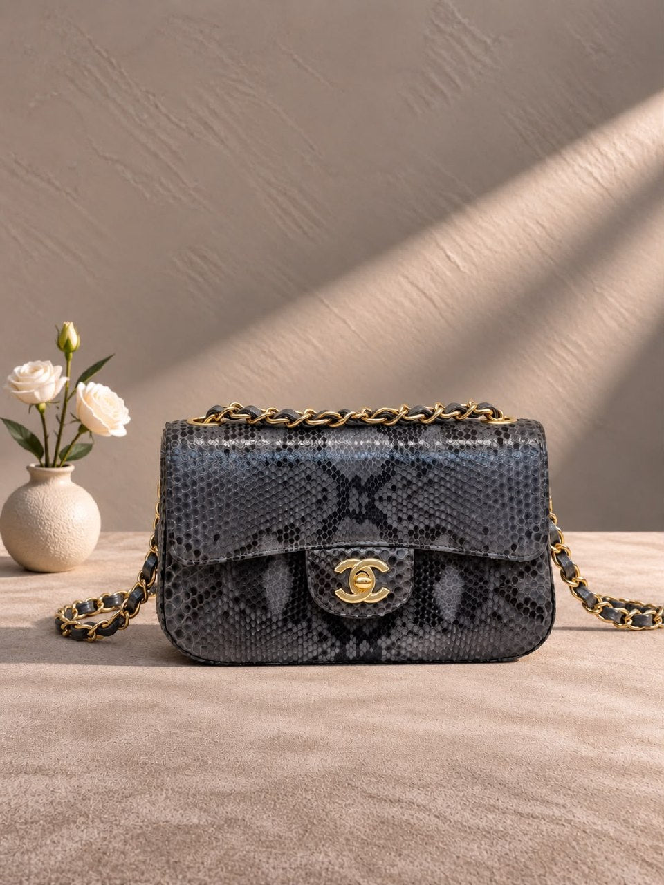 Chanel Snake-Scale Flap Shoulder Bag - Black Snake Print