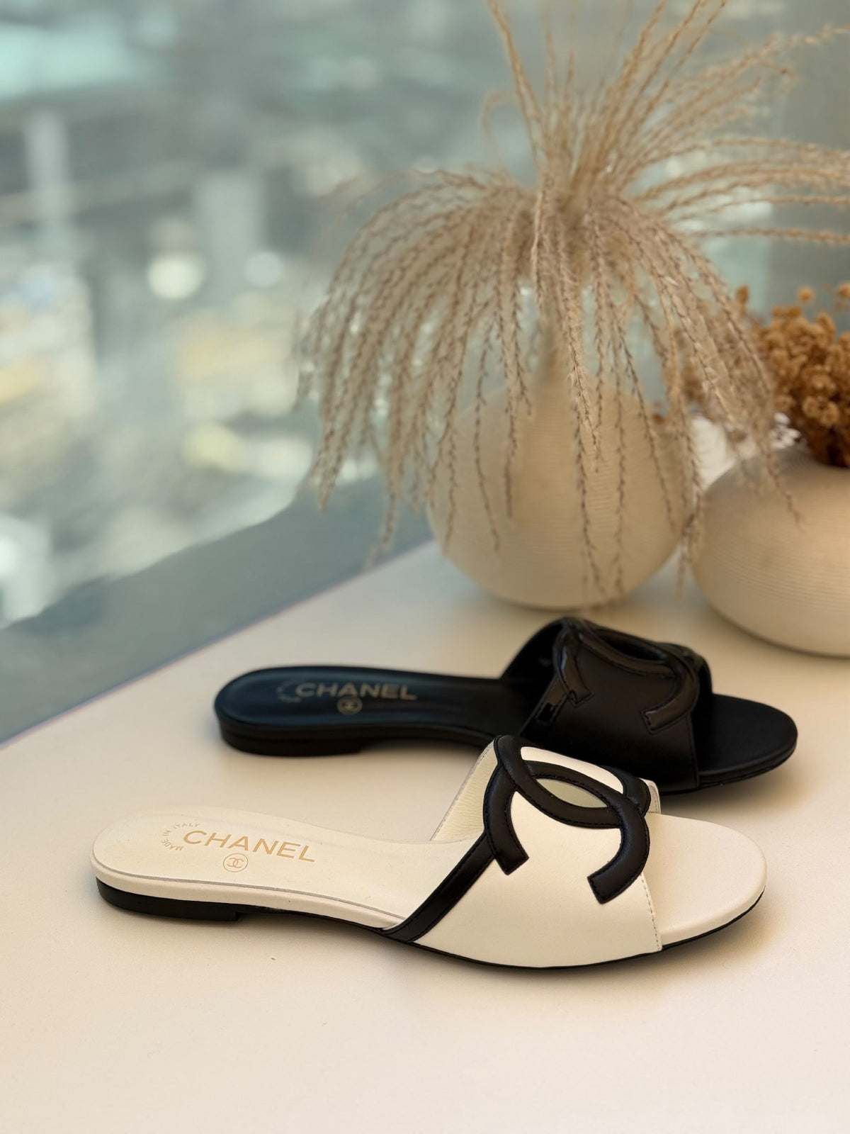 Chanel Interlocking CC Slippers - White & Black