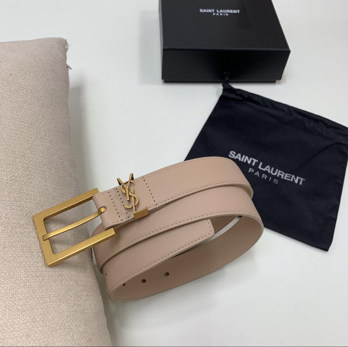YSL Logo Buckle Belt - Beige