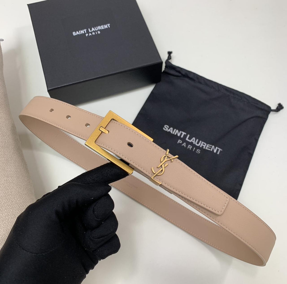 YSL Logo Buckle Belt - Beige
