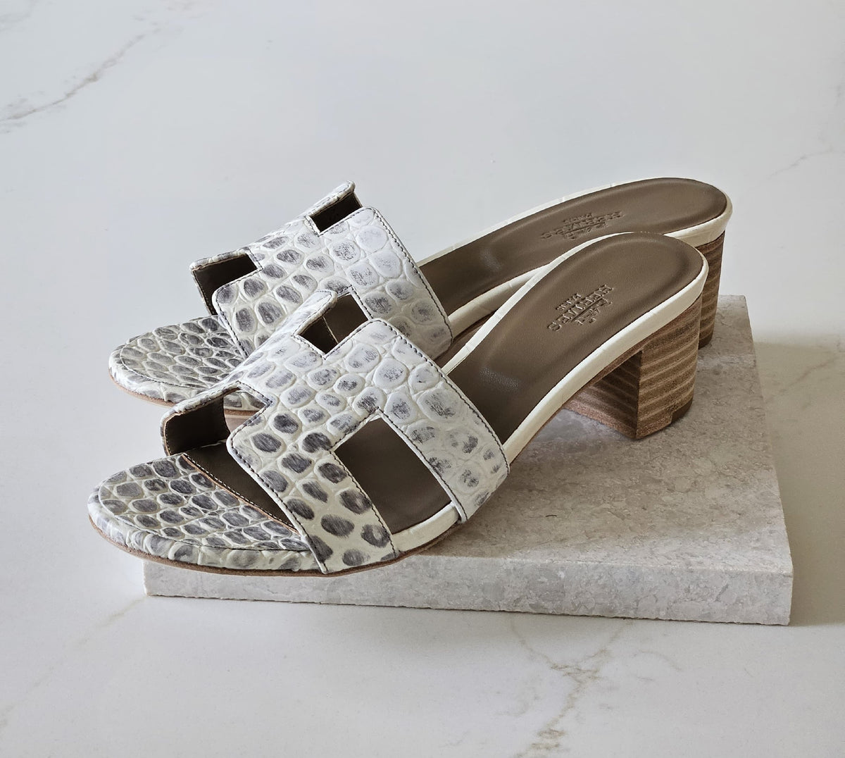 Hermes H-Strap Heels - White & Grey
