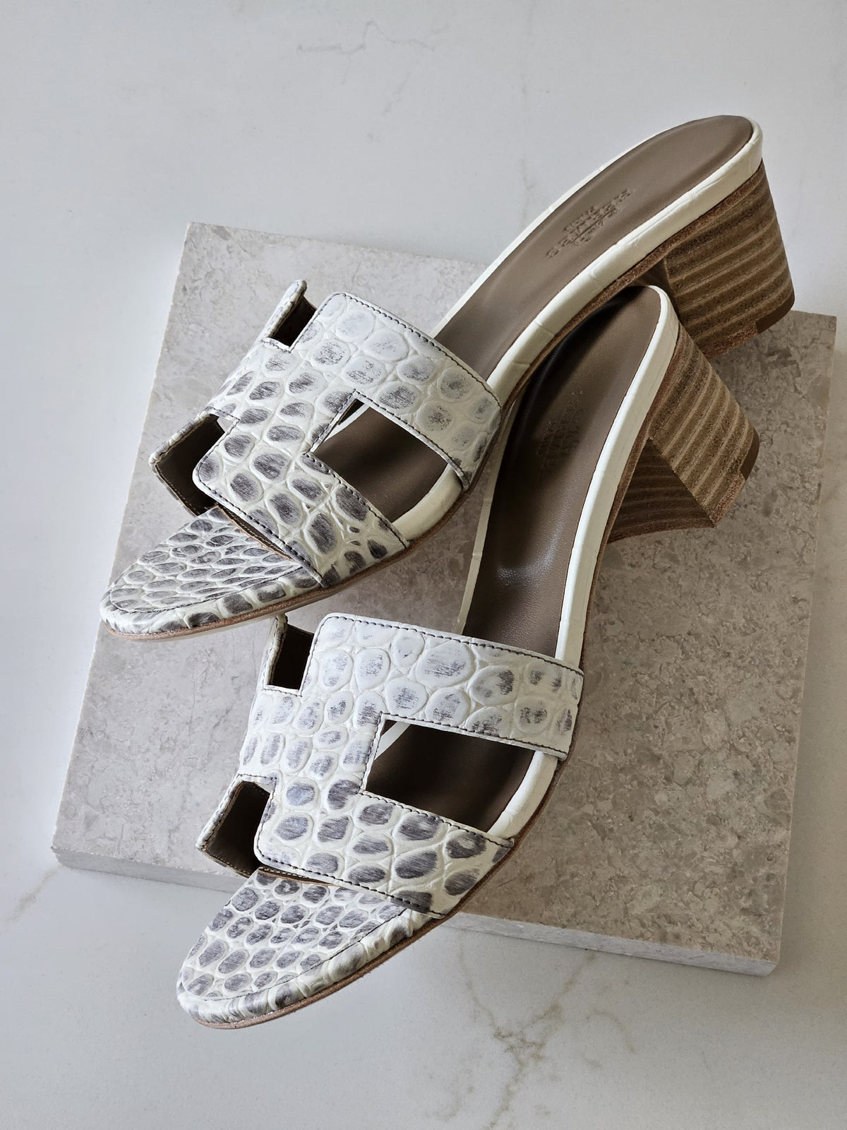 Hermes H-Strap Heels - White & Grey