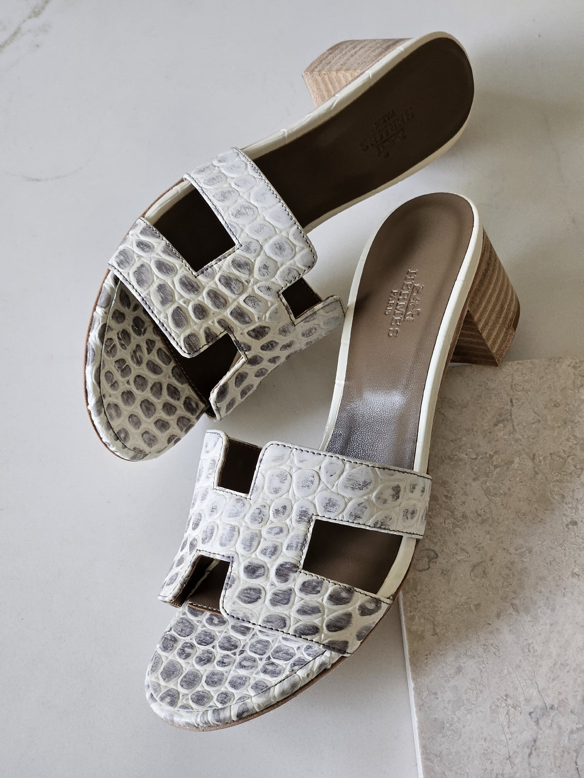 Hermes H-Strap Heels - White & Grey