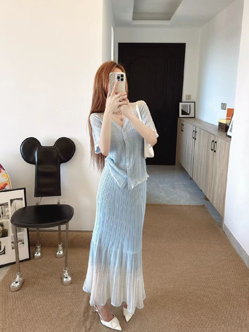 Chanel V-Neck Button-Front Set - Light Blue