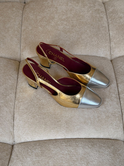 Chanel Slingback Heels - Gold & Silver