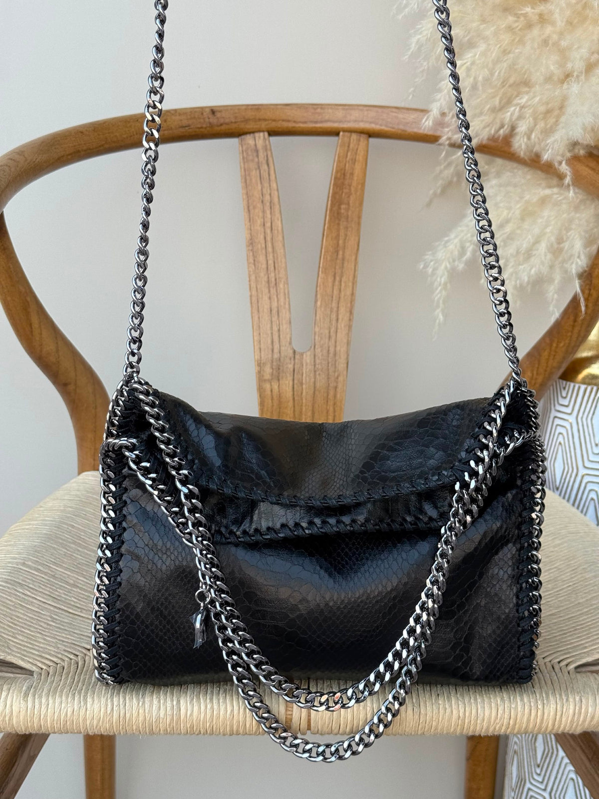 Stella McCartney Foldover Shoulder Bag - Black Embossed