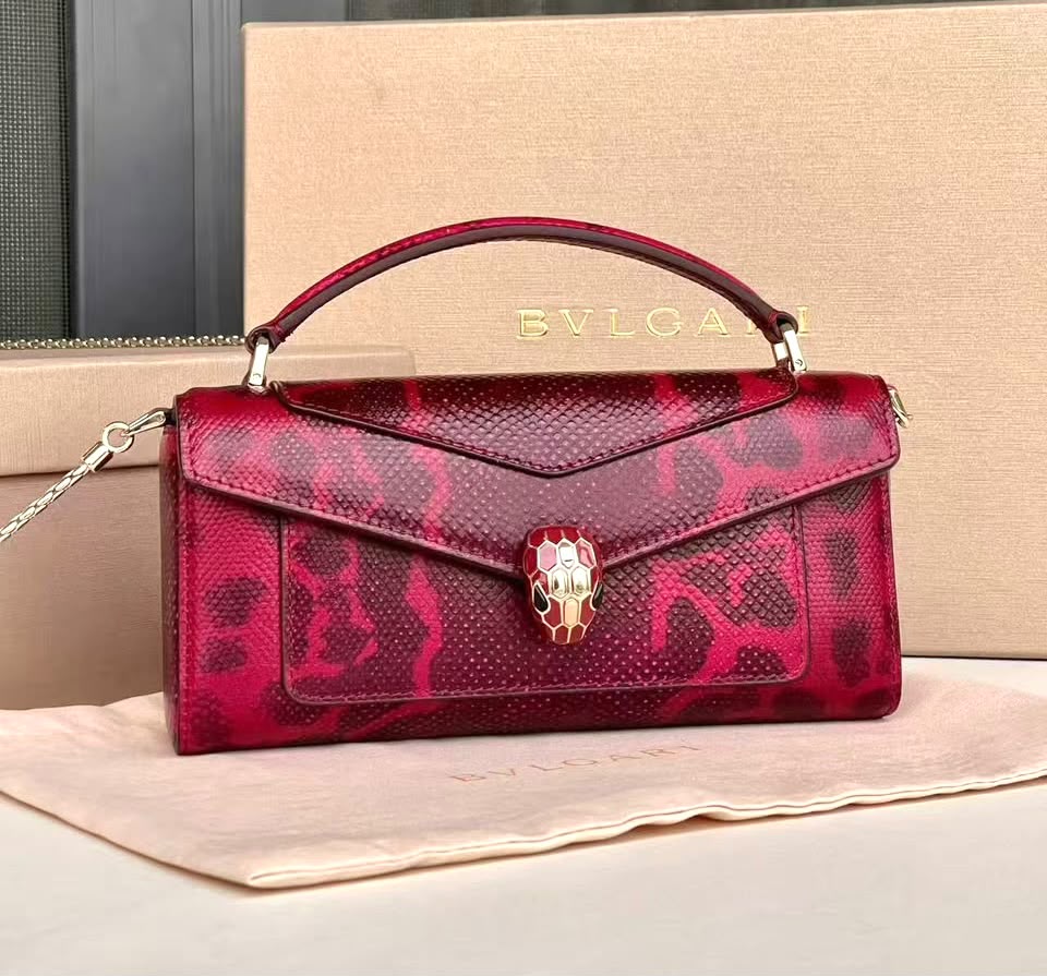 Bulgari Layered-Flap Handbag - Burgundy Snake Print