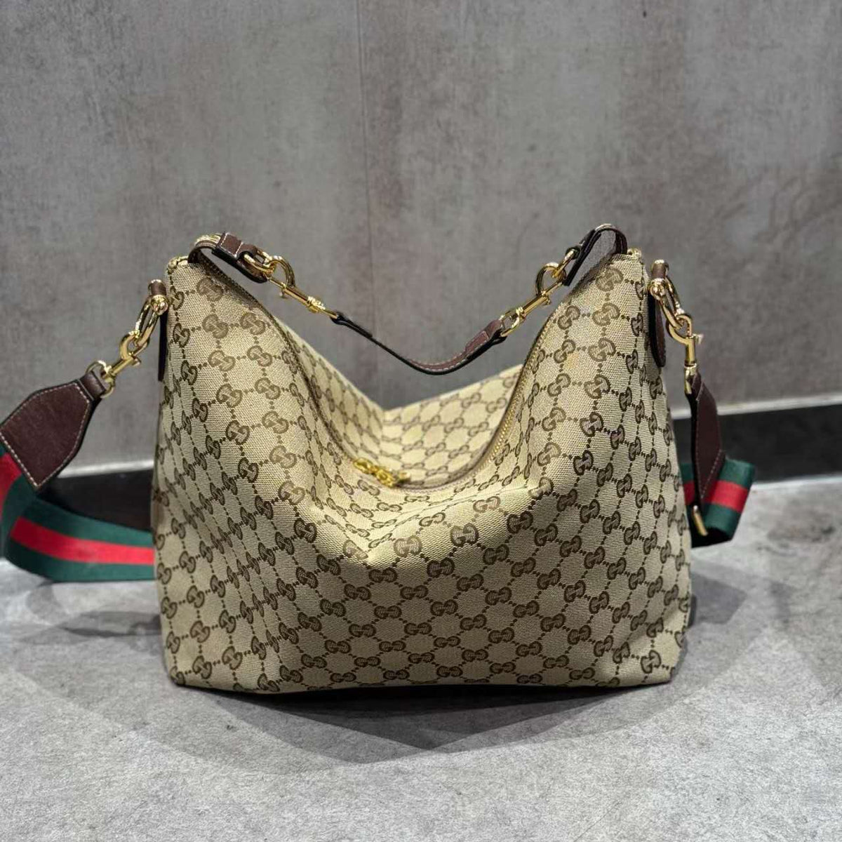 Gucci GG Canvas Web Strap Hobo Shoulder Bag - Beige Monogram