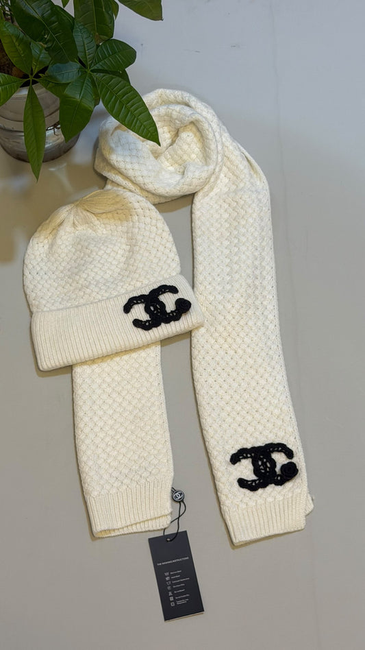 Chanel Basket Knit Scarf & Beanie - White