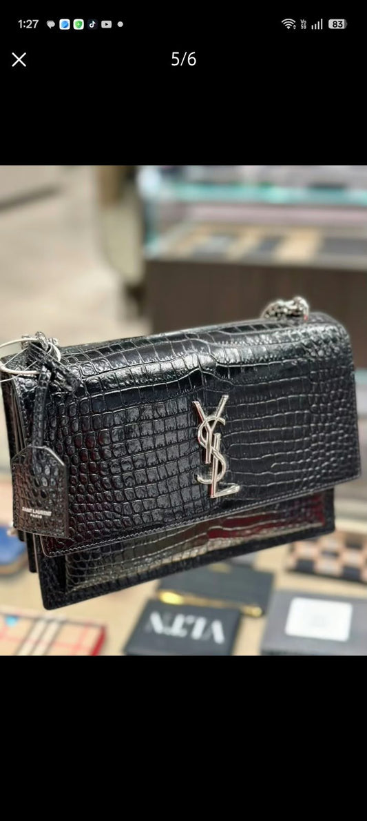 Saint Laurent Shoulder Bag - Black Croc-Embossed