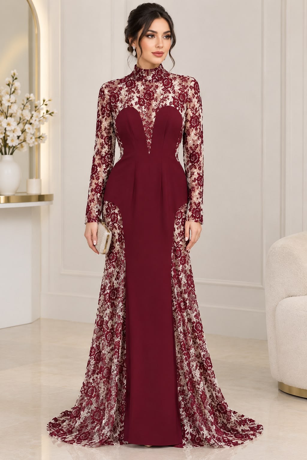 Hervé Léger High-Neck Panel Dress - Burgundy