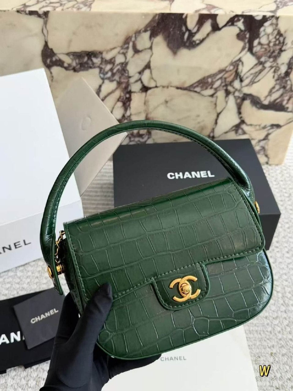 Chanel Structured Flap Handbag - Green Embossed