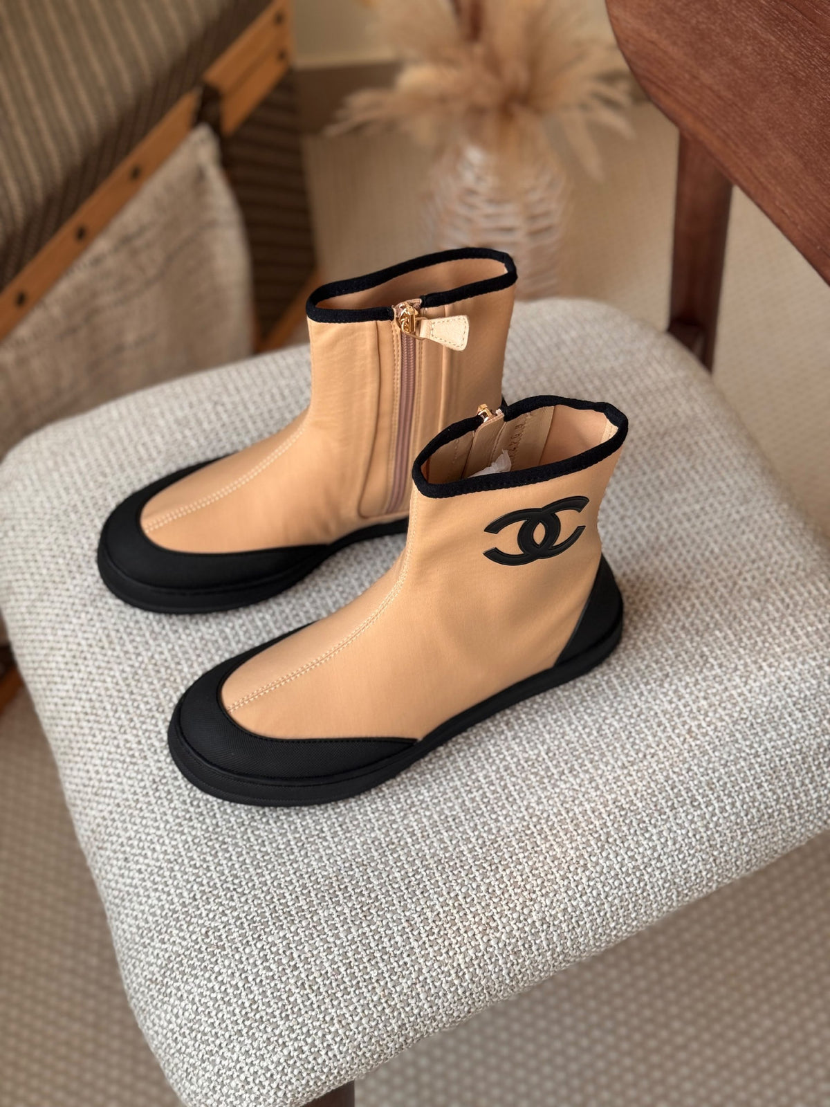 Chanel Logo Ankle Boots - Beige