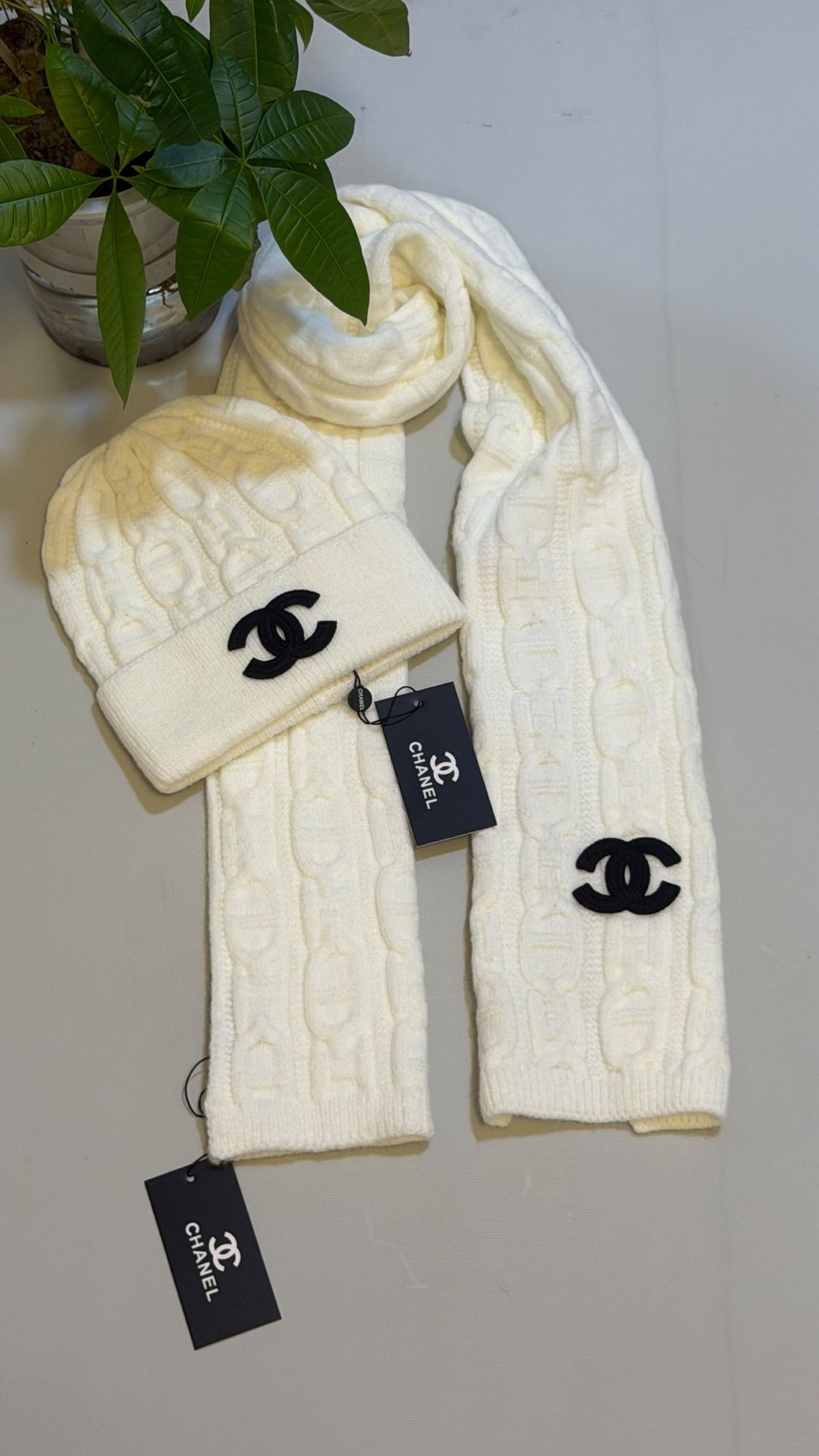 Chanel Cable Knit Scarf & Beanie - White
