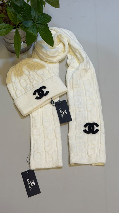 Chanel Cable Knit Scarf & Beanie - White