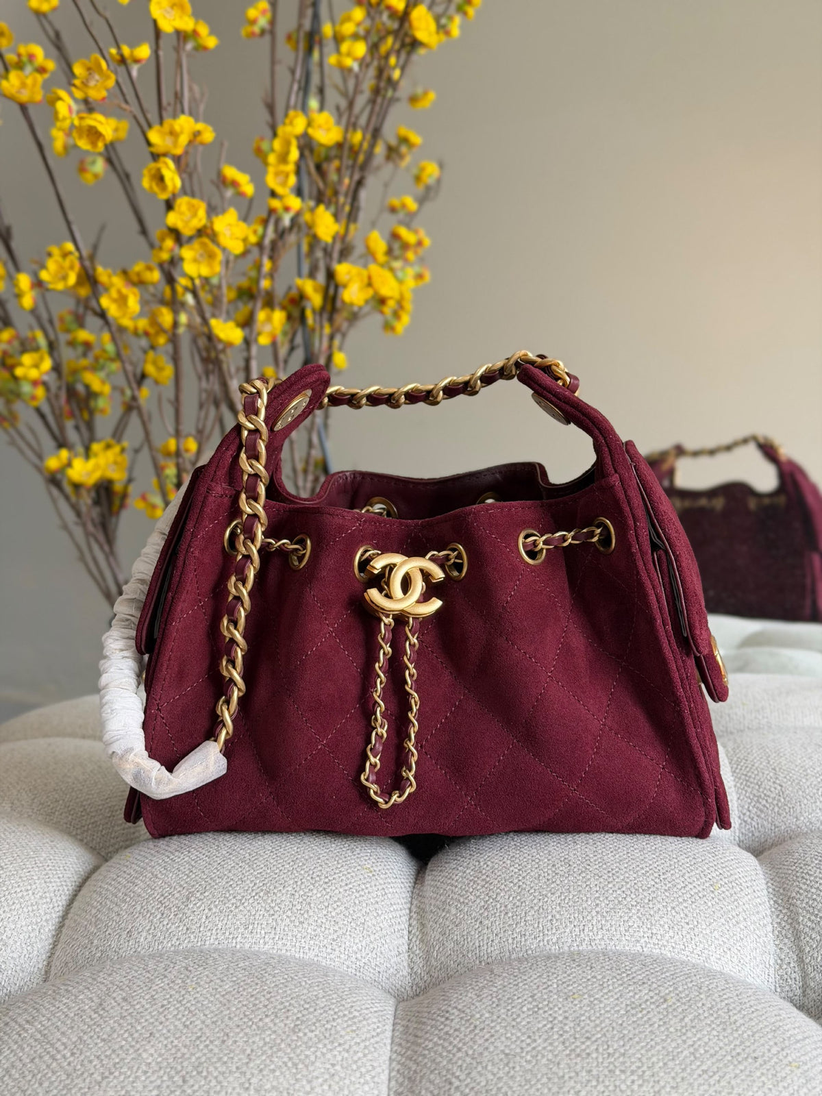 Chanel Drawstring Bucket Shoulder Bag - Burgundy