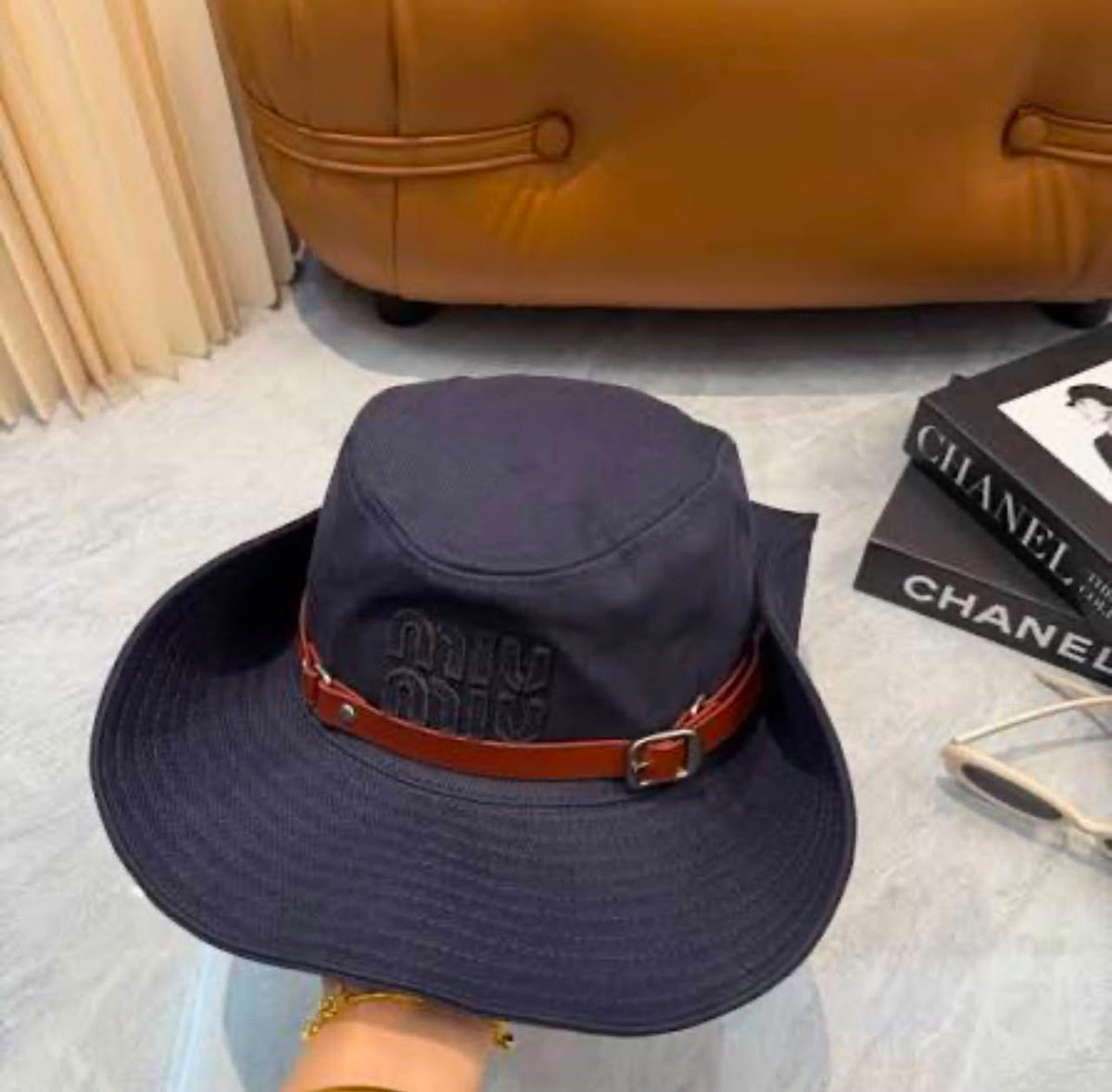 Miu Miu Banded Wide-Brim Hat - Beige, Navy, White, Black